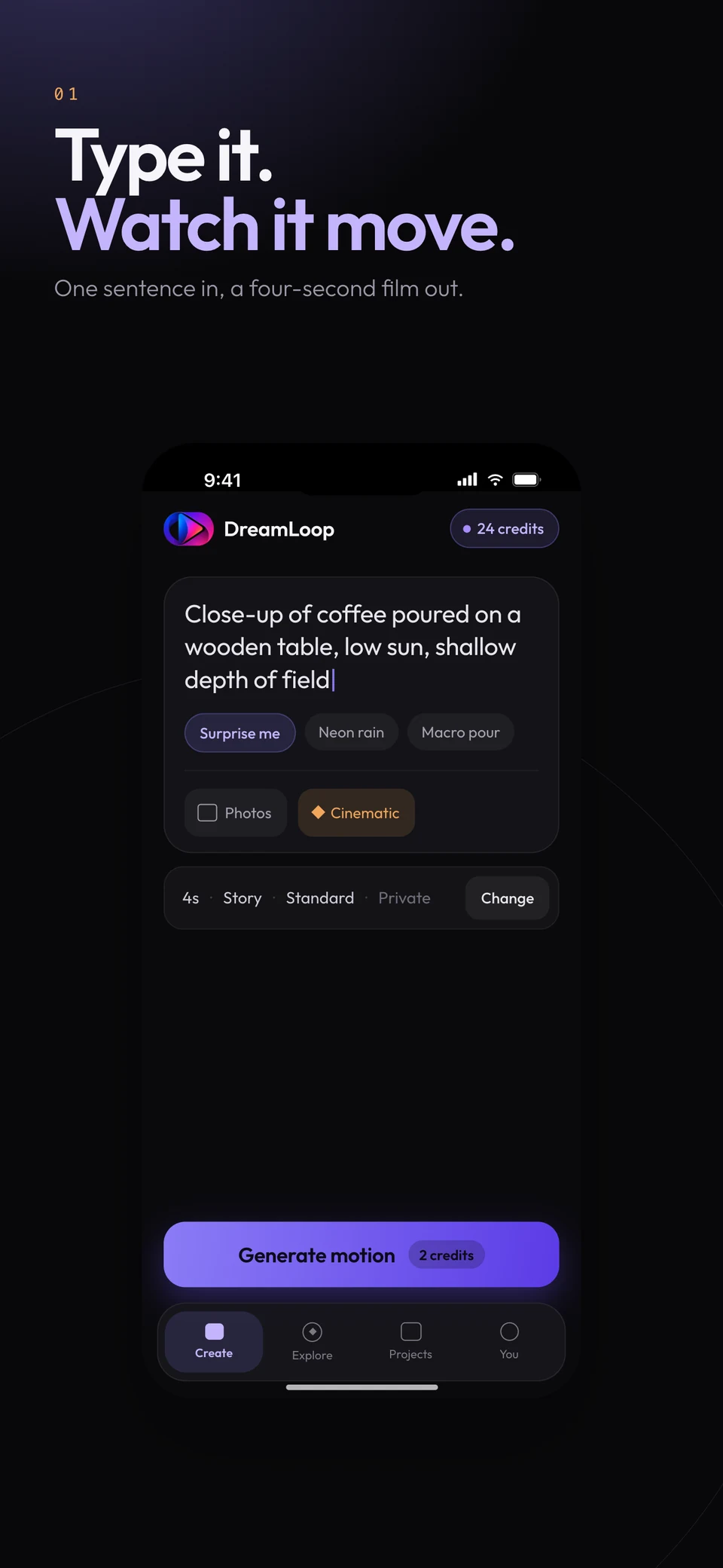 DreamLoop compose screen for describing the video you want to create.
