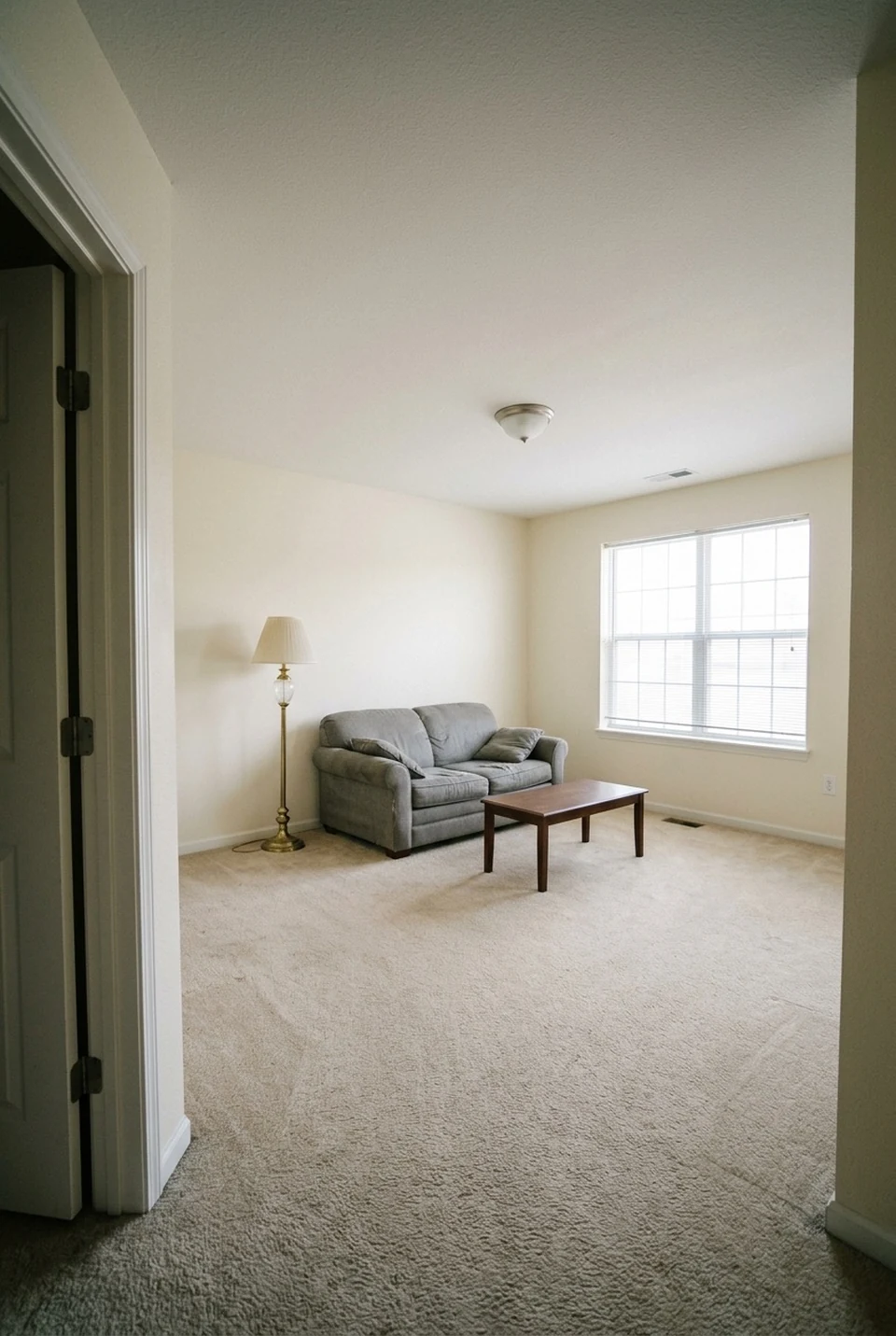 Aura showcase: a plain living room with a grey sofa and bare walls.