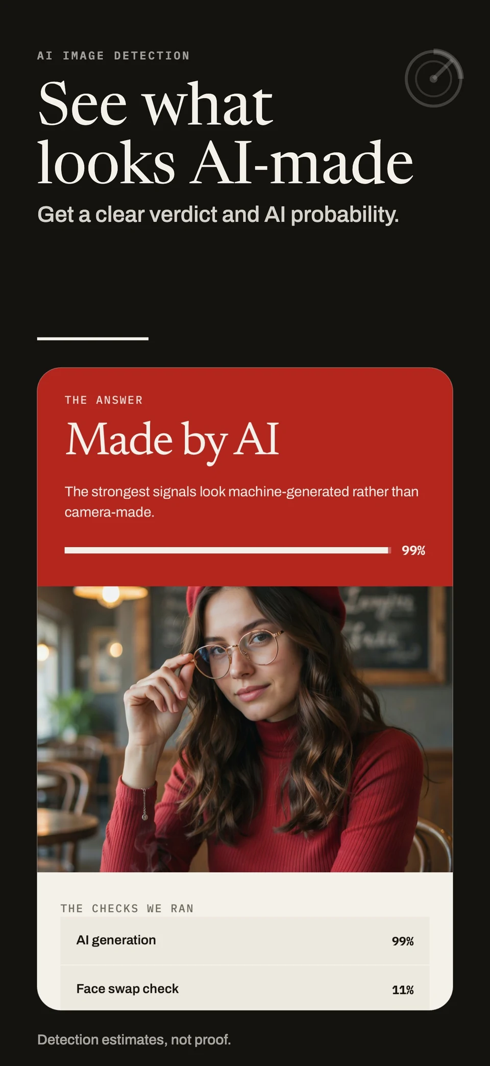 An AI Radar example result with its verdict, image and individual detection signals.